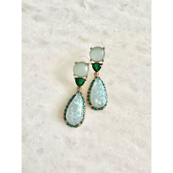 No Brand Jewelry - Opalescent light blue and emerald green color cubic zirconia dangle teardrop ear